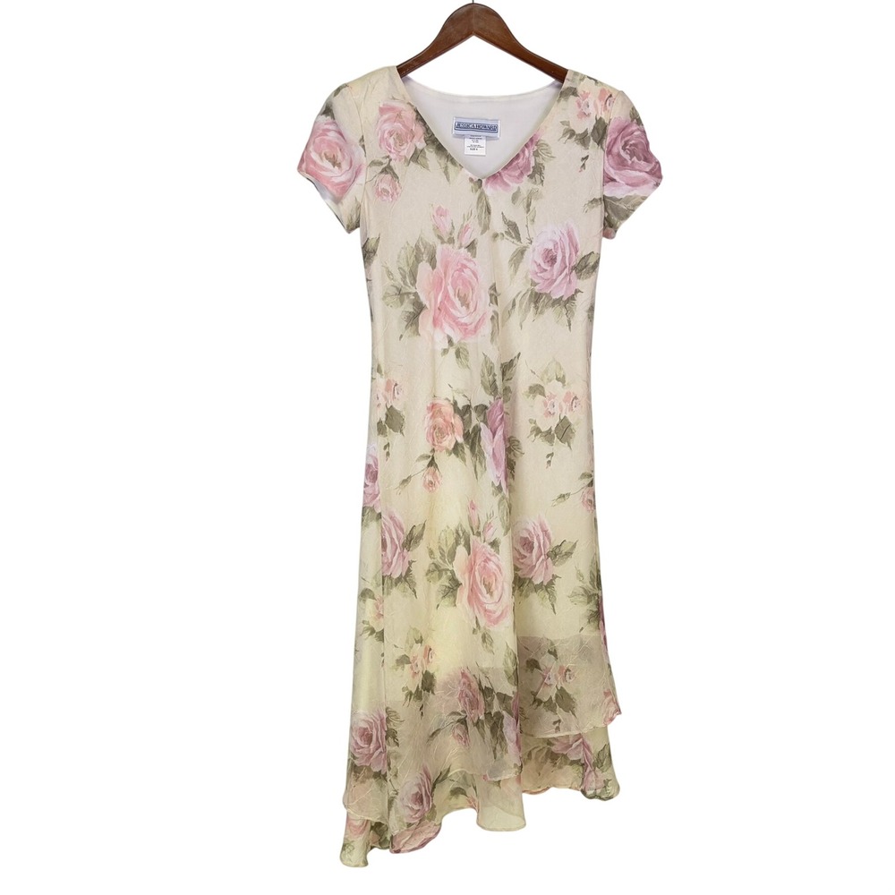 Jessica Howard Vintage 90's Floral Dress Size 6/S Cream Chiffon Asymmetric Hem‎